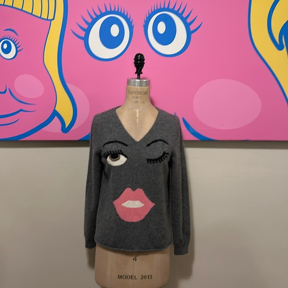 Moschino Cheap Chic Lips Eye Wink Cashmere Sweater Gray Pink Smile